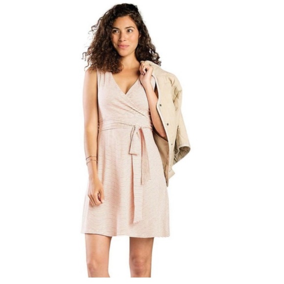 Toad&Co Cue Wrap SL Dress with Pockets, Pink Sand Mini Stripe Size Small - Picture 2 of 10
